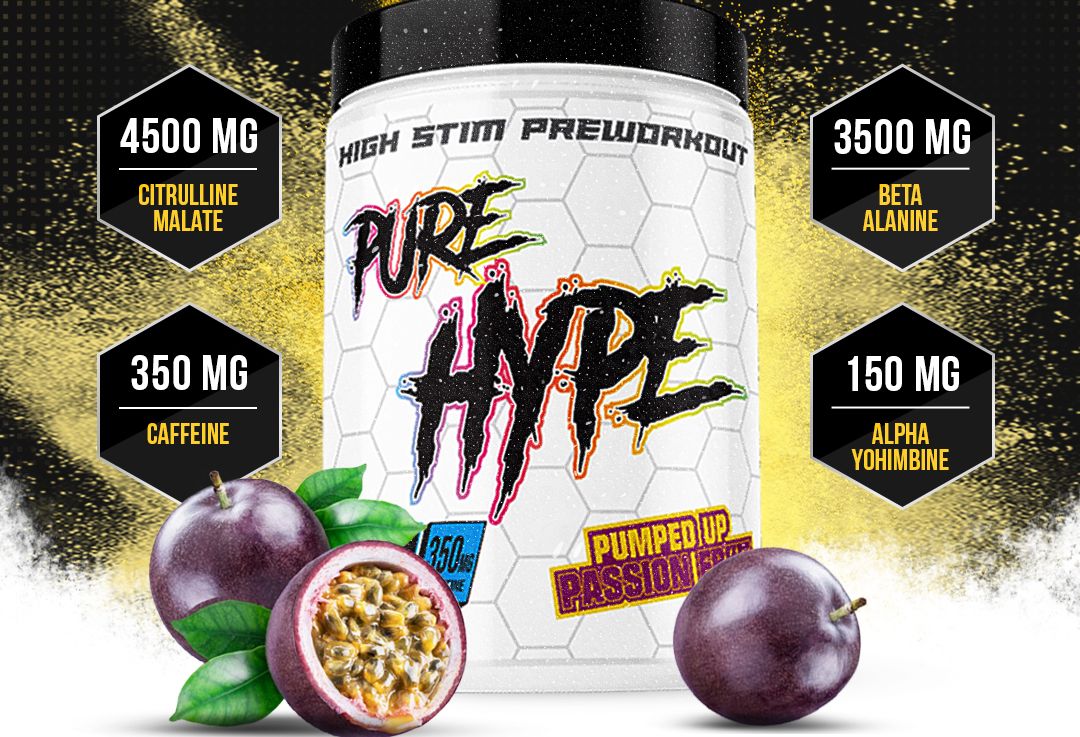 Pure Hype preworkout, passion fruit flavored