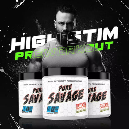 Three Pure Savage tubes with a man in the background. Text says "high stim pre workout"